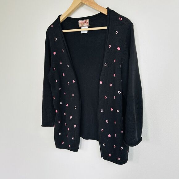 VTG April Cornell Size S Black Cardigan Pink Polka Dot Embroidery - Picture 3 of 9